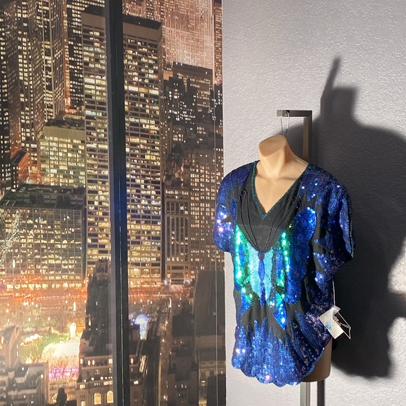 PHOOL - NWT - top: vintage black s/s sequins / butterfly, shldr pads, lining - L - Picture 9 of 16